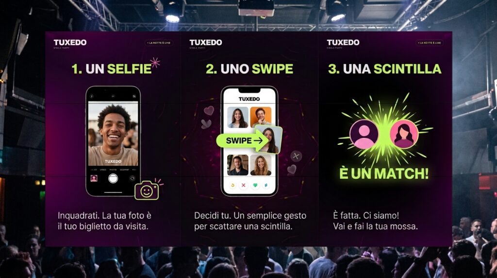 Illustrazione del gioco degli incontri al Tuxedo: selfie, swipe e match